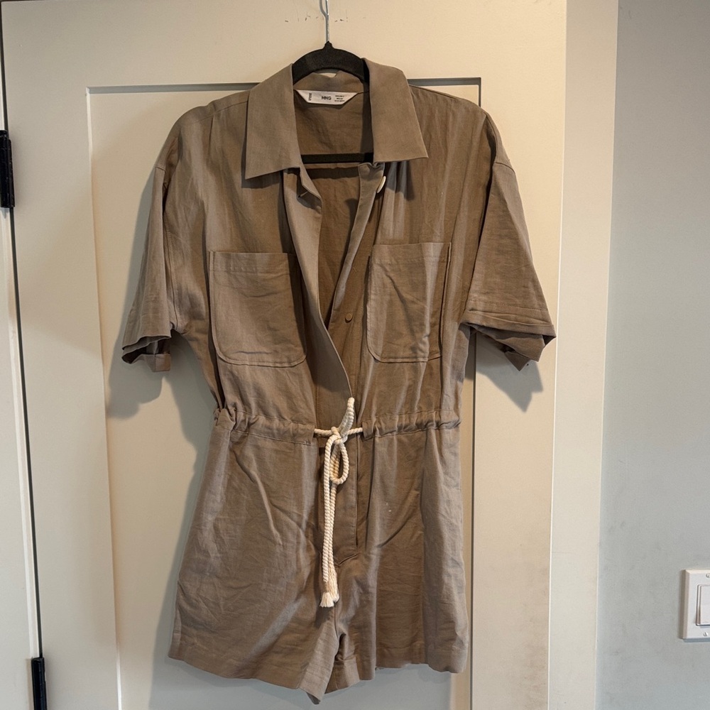 Mango Tan and Gray linen Short Sleeve Romper